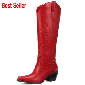 Knee High Wide Calf Cowboy Boots, Slip On Pointed Toe Chunky Heel Retro
